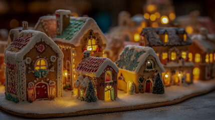 Miniature gingerbread village holiday scene with decorated houses, festive lights, and snow details, warm cozy atmosphere, high-resolution.