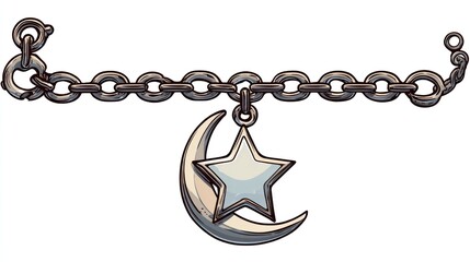 A detailed illustration of a silver chain bracelet featuring a crescent moon and star charm.  The chain is metallic, and the pendant displays a light-grey star within a curved crescent