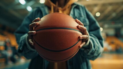 Close-up of student holding basketball in sports hall, photorealistic detail with cinematic lighting, perfect for themes of student sports, competition, teamwork and athletic lifestyle - Powered by Adobe