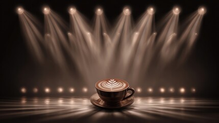 A cup of latte art coffee sits center stage, illuminated by multiple spotlights on a dark background, creating a dramatic and elegant presentation