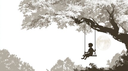 A serene illustration of a child's silhouette seated on a swing hanging from a large tree, set against a backdrop of a full moon and a softly rendered landscape
