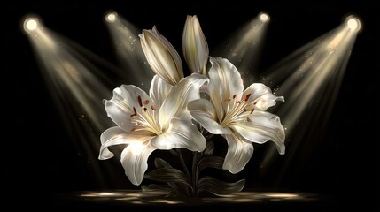 Three pristine white lilies, elegantly displayed, are dramatically illuminated by four spotlights against a stark black backdrop, creating a luminous and captivating image