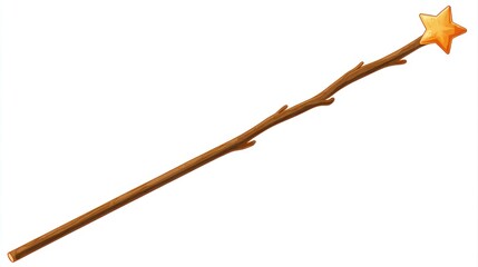 A simple, rustic-looking wand crafted from a slender, brown branch, topped with a small, five-pointed, golden star
