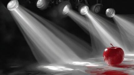 A single, glistening red apple sits center stage, illuminated by multiple bright spotlights against a dark background.  A small pool of red liquid is beneath it