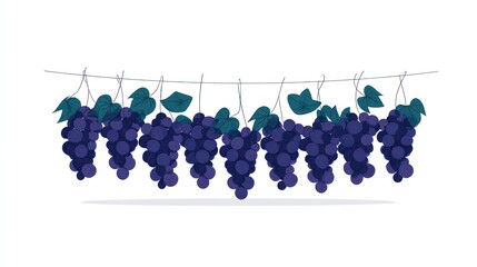 A string of dark purple grapes, with green leaves, hangs against a white background, suggesting a harvest or vineyard scene