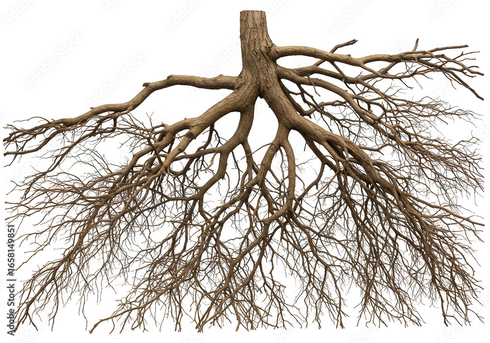 Poster intricate tree root system spreading outwards, isolated on transparent background