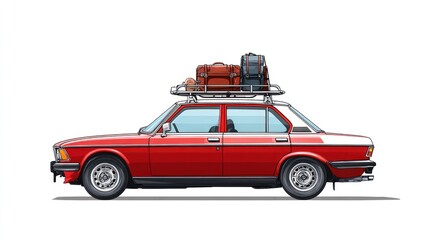Side profile of a classic red sedan with luggage on a roof rack, set against a white background, showcasing a vintage aesthetic