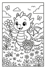 Fototapeta premium Cheerful baby dragon in garden holding flower and basket of flowers