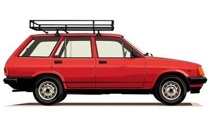 Side profile of a red vintage station wagon with a roof rack, set against a white background.  The car is depicted in a clean, simple style
