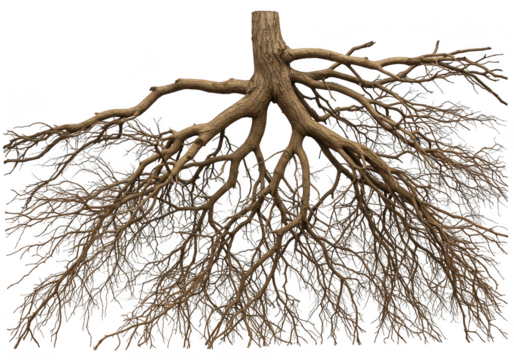 Intricate tree root system spreading outwards, isolated on transparent background