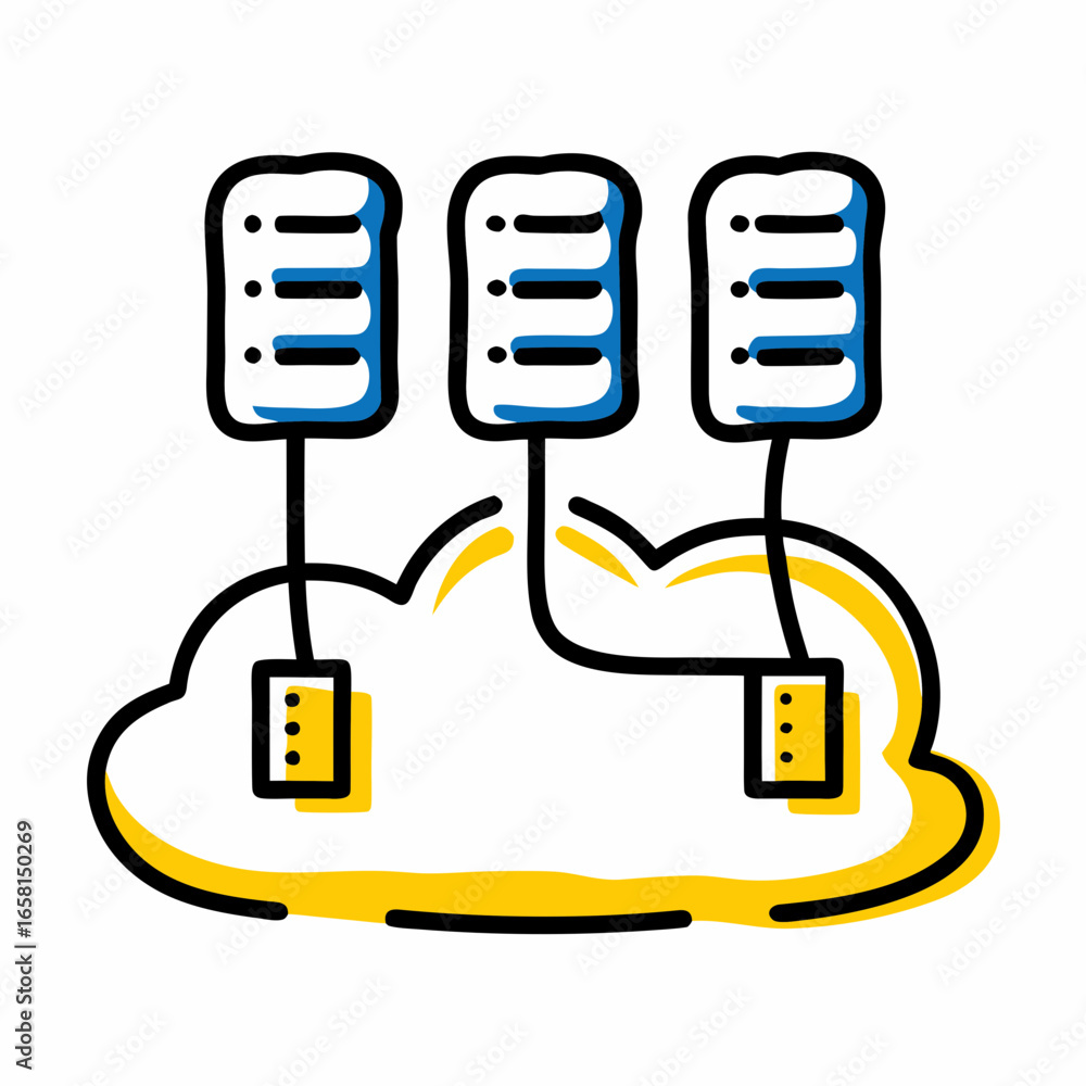 Poster cloud computing icons with servers connected in a network layout