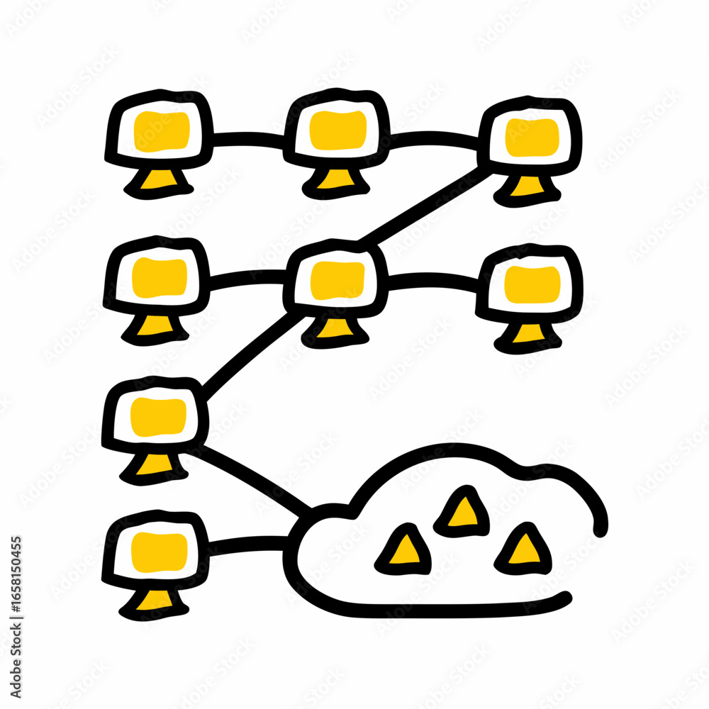Poster network diagram with computers connected to cloud storage