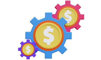 Dollar coin icon with gears, money management concept, payment process, currency settings, 3d illustration.