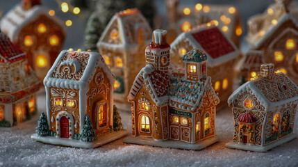 Miniature gingerbread village holiday scene with decorated houses, festive lights, and snow details, warm cozy atmosphere, high-resolution.