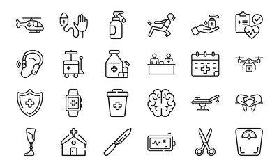 Naklejka premium Medical Healthcare Line Icons Bundle Hospital Equipment, Doctor Tools, Patient Care, Emergency Services, Surgery, Pharmacy, First Aid, and Medicine Vector Pack