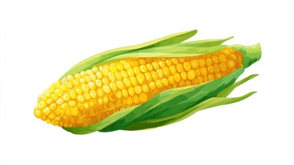 A vibrant illustration of an ear of corn, partially shucked, showcasing its bright yellow kernels and lush green husks against a stark white backdrop