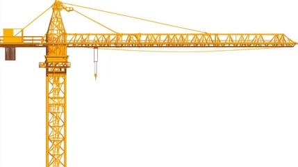A tall yellow construction crane, depicted in profile against a white background, with intricate details visible in its structure and cables