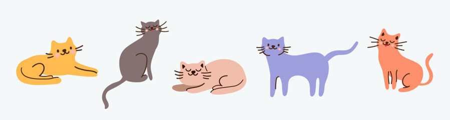 Cute colorful cats in various poses. Doodle simple flat design, isolated on white background