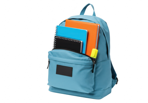 A blue backpack filled with school supplies, including books and notebooks, isolated on a transparent background - Powered by Adobe