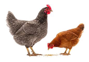 Two domestic chickens, a dark gray hen and a brown hen, eating seeds isolated on transparent background