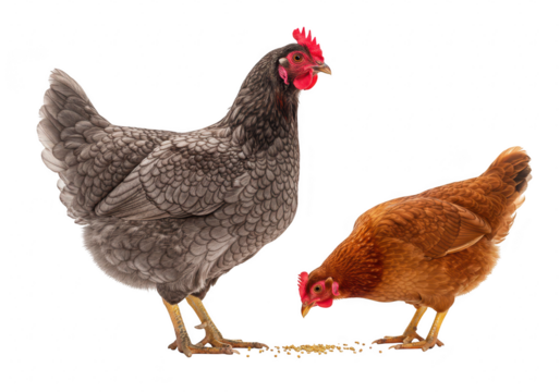 Two domestic chickens, a dark gray hen and a brown hen, eating seeds isolated on transparent background