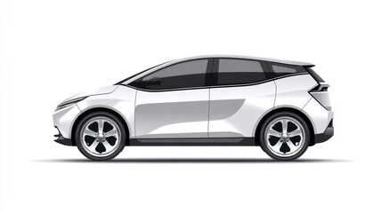 Obraz premium Side profile of a sleek, white electric SUV with dark tinted windows, modern alloy wheels, and a streamlined body design, set against a plain white background
