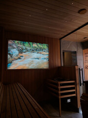 Modern Wooden Sauna Interior with a Backlit Nature Scene