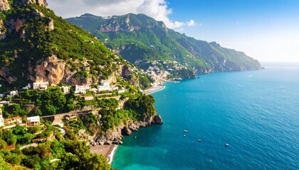Fototapeta premium Coastal landscape of the Amalfi Coast in Italy, with mountains, sea, and lush vegetation.