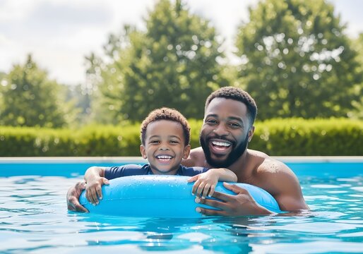 A joyful african american father and son are swimming together in the pool, embracing and smiling, enjoying a sunny summer day vacation