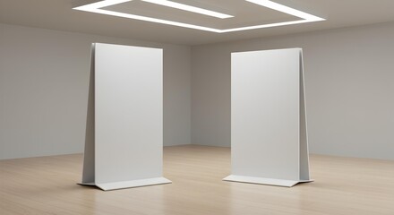 Two Blank Vertical Banner Stand Mockups in a Modern Indoor Exhibition Space