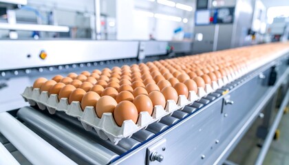 Obraz premium Fresh Eggs on a Conveyor Belt in a Modern Food Processing Facility