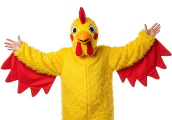 A person in a fluffy yellow chicken costume with red wings spread wide, isolated on a transparent background, looking at the camera with a cheerful expression