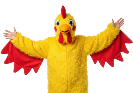 A person in a fluffy yellow chicken costume with red wings spread wide, isolated on a transparent background, looking at the camera with a cheerful expression