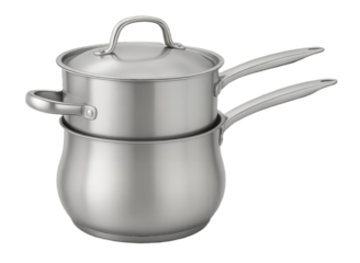 Brushed stainless steel double boiler set a lidded saucepan stacked on a larger pot with two handles.