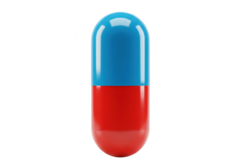 A single blue and red capsule pill isolated on transparent background, representing medicine and healthcare