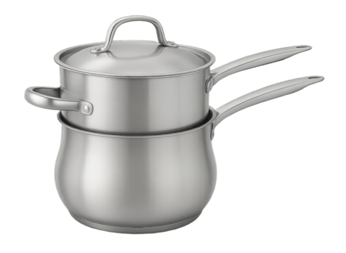 Brushed stainless steel double boiler set a lidded saucepan stacked on a larger pot with two handles.