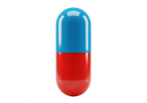 A single blue and red capsule pill isolated on transparent background, representing medicine and healthcare