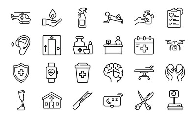 Medical Healthcare Line Icons Bundle Hospital Equipment, Doctor Tools, Patient Care, Emergency Services, Surgery, Pharmacy, First Aid, and Medicine Vector Pack