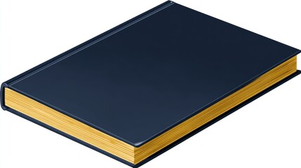 A dark-blue hardcover book is presented in isometric view, showing its spine and the golden-yellow pages.  The book appears closed and shows a clean, unblemished surface