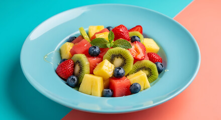 A vibrant blue bowl filled with a colorful fruit salad