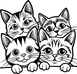 Four cute cartoon kittens peeking over a wall in black and white