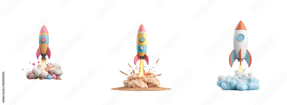 Poster  rockets launching in sequence with different smoke cloud 3d