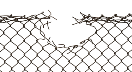 Broken metal chain link fence shows vulnerability, security breach, or need for repair concept design