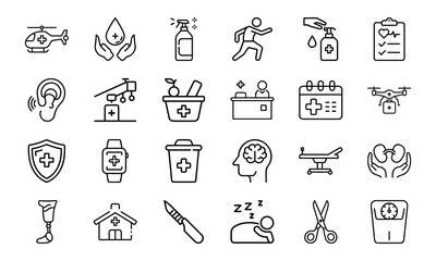Medical Healthcare Line Icons Bundle Hospital Equipment, Doctor Tools, Patient Care, Emergency Services, Surgery, Pharmacy, First Aid, and Medicine Vector Pack
