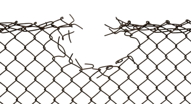 Broken metal chain link fence shows vulnerability, security breach, or need for repair concept design
