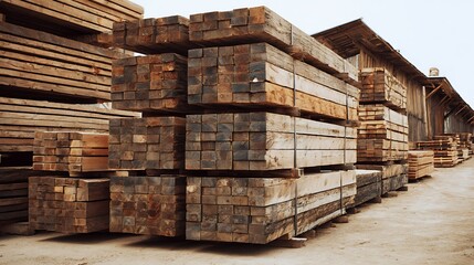 Stacked Lumber Waiting for Sale at a Timber Mill Outdoors