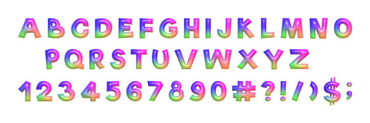 Colorful inflated 3D alphabet and numbers with a smooth gradient on a white background, perfect for playful designs and educational purposes.