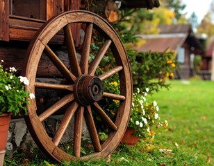 Fototapeta premium Wooden wagon wheel in rustic setting