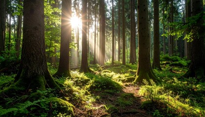 Naklejka premium Sunlight filtering through a dense forest (1)