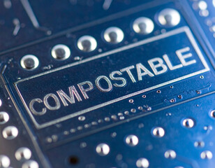 Compostable Inscription on Blue Surface with Silver Details, Macro Shot